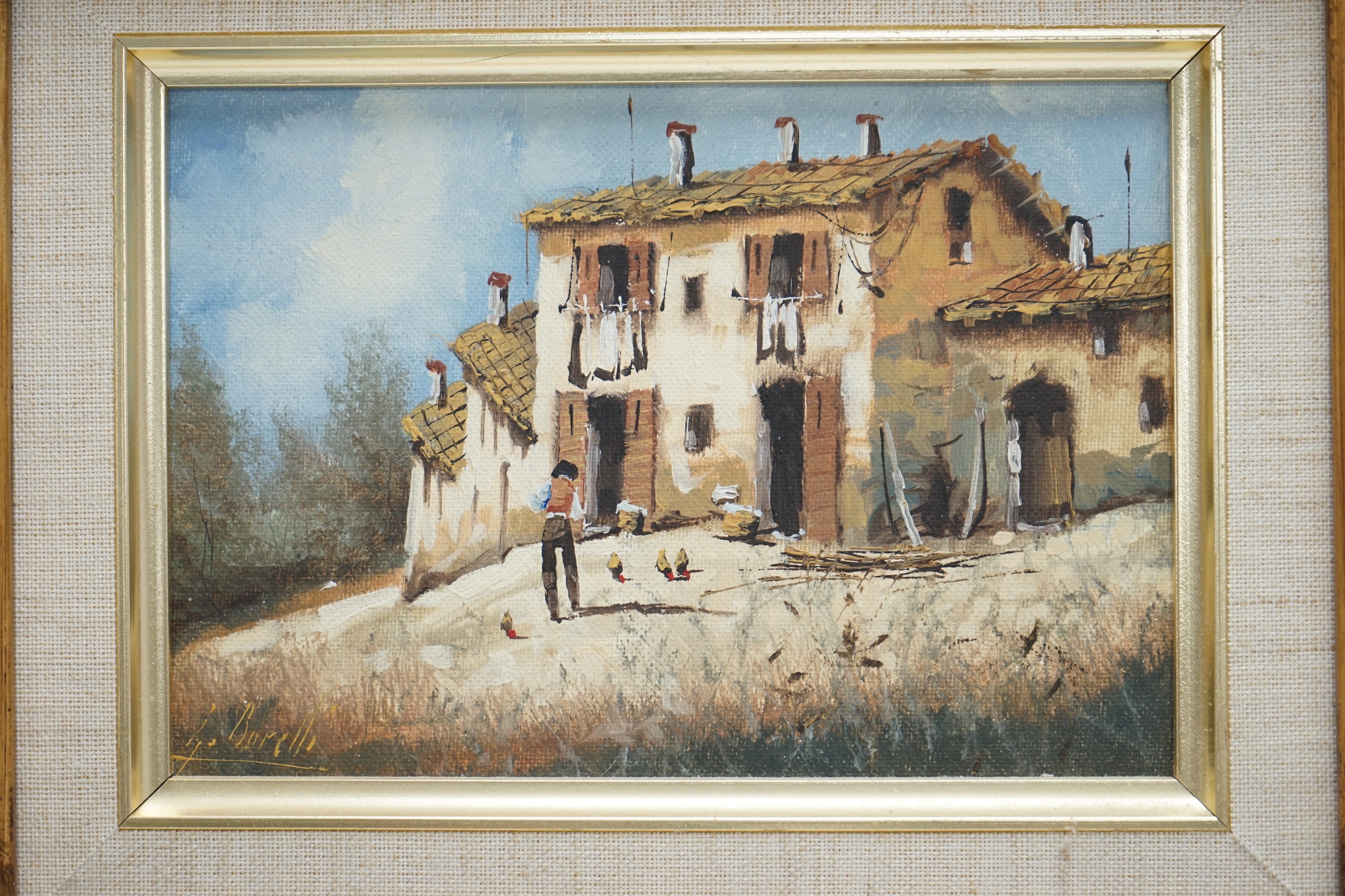 Guido Borelli (Italian b.1952), set of three oils on board, Italian views, comprising Venetian canals and rural landscape, each signed, 11.5 x 16.5cm, ornate gilt framed. Condition - good